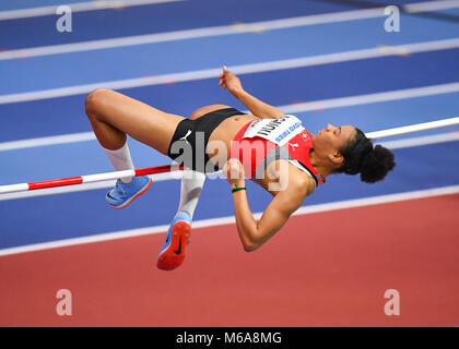 Birmingham, Großbritannien. 2. März, 2018. Birmingham, Großbritannien. 2 Mär, 2018. Caroline Agnou (SUI) in Frauen Hochsprung Pentathlon während der IAAF World Indoor Championships im Arena Birmingham am Freitag, den 02. März 2018. BIRMINGHAM, ENGLAND. Credit: Taka G Wu Kredit Kredit: Taka Wu/Alamy leben Nachrichten Stockfoto