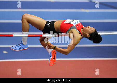 Birmingham, Großbritannien. 2. März, 2018. Birmingham, Großbritannien. 2 Mär, 2018. Caroline Agnou (SUI) in Frauen Hochsprung Pentathlon während der IAAF World Indoor Championships im Arena Birmingham am Freitag, den 02. März 2018. BIRMINGHAM, ENGLAND. Credit: Taka G Wu Kredit Kredit: Taka Wu/Alamy leben Nachrichten Stockfoto