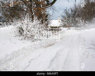 East Lothian, Schottland, Vereinigtes Königreich, 2. März 2018. UK Wetter: Die so genannte "Tier aus dem Osten' Arktis wetter Griffe der ländlichen Landschaft. Schneeverwehungen in allen Abschnitten der Straße sind mehrere Meter hoch in den Plätzen, die Schaffung eines Winter wonderland Szene mit Traktor reifen Tracks auf der schneebedeckten Straße Stockfoto