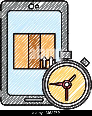 Doodle Smartphone mit Box Paket und Chronometer Zeit Stock Vektor