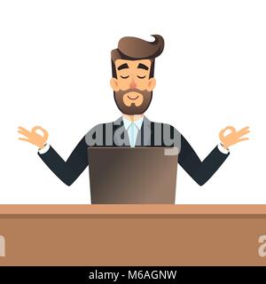 Geschäftsmann Meditation im Lotussitz für Tabelle im Büro mit Laptops. Business man am Arbeitsplatz Ruhe. Entspannen Konzept. Man Ruhe in Yoga Asana. Friedliche nach harter Arbeit. Männliche ignorieren arbeiten, kein Stress. Stock Vektor