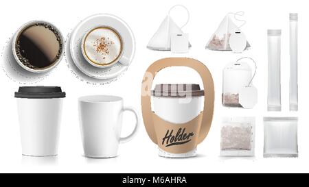 Kaffee Packaging Design Vektor. Cups Mock Up. White Coffee Mug. Keramik und Papier, Plastik Schale. Oben, von der Seite. Halter für eine Tasse. Leere Folie Verpackung Zucker. Realistische isoliert Abbildung Stock Vektor