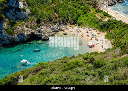 Porto Timoni, der beste Strand auf der Insel Korfu, Griechenland. Wichtige touristische Attraktion. Stockfoto