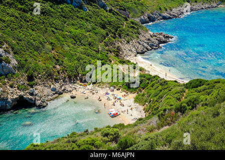 Porto-Timoni, der berühmteste und schönen Strand auf der Insel Korfu, Griechenland. Wichtige touristische Attraktion. Stockfoto