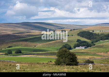 Blauer Sommerhimmel und weiße Wolken über vereinzelten Bauernhäusern und malerischen Hügeln in schöner, ungestörter Landschaft, North Yorkshire, England, Großbritannien Stockfoto