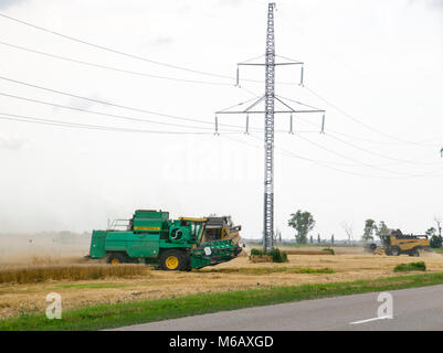 Russland, Temryuk - 01. Juli 2016: Combain sammelt auf dem Weizen. Landwirtschaftliche Maschinen im Feld. Getreideernte. Stockfoto