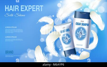 Realistische Haar Shampoo Conditioner. Tube container Kosmetische hellen Hintergrund blau sonniger Frühling weiße Feder. 3d Vorlage mock up Branding kosmetische Pflege Produkt Vector Illustration Stock Vektor