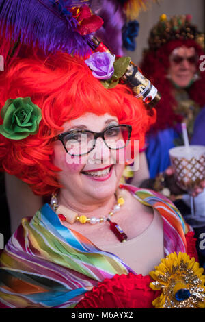 Kostümierte Nachtschwärmer in der Krewe von Cork Mardi Gras Parade teilnehmen. French Quarter, New Orleans, Louisiana, USA Stockfoto