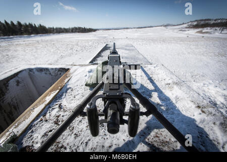 Ein M2 Maschinengewehr sitzt auf der Schusslinie in Betrieb Cold Steel II am Fort McCoy, Wis., Feb 25, 2018. Betrieb Cold Steel ist der US-Armee finden Crew - Serviert Waffen Qualifizierung und Validierung ausüben, um sicherzustellen, dass America's Army Reserve Einheiten und Soldaten ausgebildet sind und bereit, auf kurze bereitstellen - Bekanntmachung als Teil bereit, Kraft X und überall in der Welt bekämpfen - bereit und tödlichen Feuerkraft zur Unterstützung der Armee und unsere gemeinsamen Partner bringen. (U.S. Armee finden Stockfoto