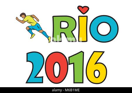 Inschrift RIO 2016 mit laufender Mann, auf weißem Hintergrund, Vorlage, Symbol oder Banner isoliert, Vektor illustration Stock Vektor
