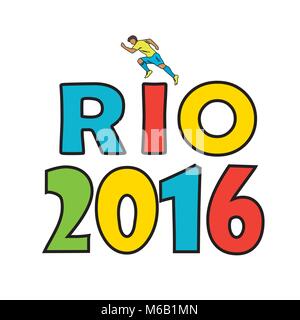 Inschrift RIO 2016 mit laufender Mann, auf weißem Hintergrund, Vorlage, Symbol oder Banner isoliert, Vektor illustration Stock Vektor