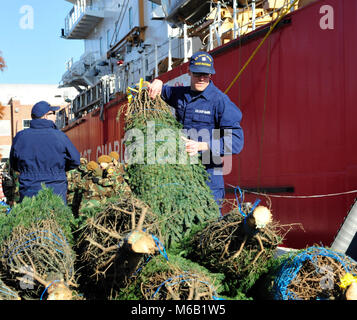 Besatzungsmitglieder der Coast Guard Cutter Mackinaw Vorbereiten einer von 1.200 Weihnachtsbäume am Navy Pier Chicago, Dez. 2, 2017 zu verlagern. Die mackinaw diente als Weihnachtsbaum Schiff der Küstenwache Personal mit maritimen Chicagos Community für das 18. Jahr in Folge partnered, Reenacting in der Tradition der ursprünglichen Chicago Weihnachtsbaum Schiff, die Bäume zu Chicago aus dem Norden von Michigan für bedürftige Familien brachte vor mehr als 100 Jahren. (U.S. Küstenwache Stockfoto