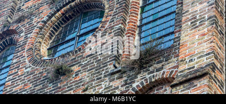 Alten Ziegel Soldatentum um einen Runden verbleites mittelalterlichen Fenster mit Plantage wachsen aus der Backstein machen in der alten Innenhof Brügge Stockfoto