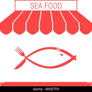Sea Food Shop, Fisch Restaurant einzelnen flachen Vektor Icon. Gestreifter Markise und Namensschild Stock Vektor