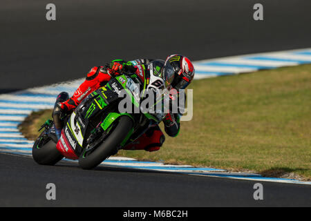 Samstag, 24 Februar, 2018. FIM Superbike World Championship. Phillip Island, Australien. Tom Sykes, Kawasaki Racing Team World Superbike. Sykes Anspruch Stockfoto