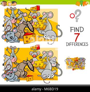 Cartoon Illustration des Findens Sieben Unterschiede zwischen Bilder pädagogische Tätigkeit Spiel für Kinder mit Mäusen Tier Zeichen Gruppe Stock Vektor