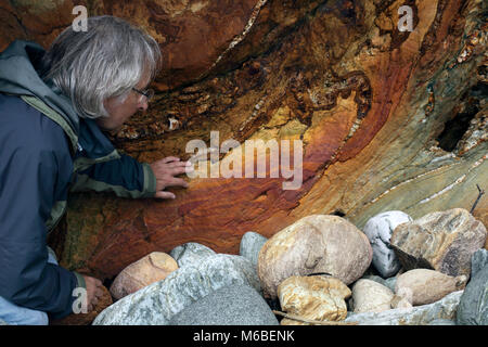 Rock rot eingefärbt durch Eisen aus Erz Gelaugt-Klippe an der Küste von Porth Saint, in der Nähe der Rhoscolyn, anglesey, Wales. Stockfoto