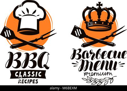 BBQ, barbecue Logo oder Label. Element für das Menü im Restaurant Design. Essen Vector Illustration Stock Vektor