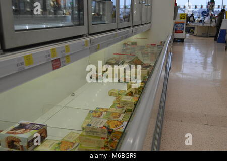 Leere Regale in Tesco auf einem Snow Day - Panik Kauf Stockfoto