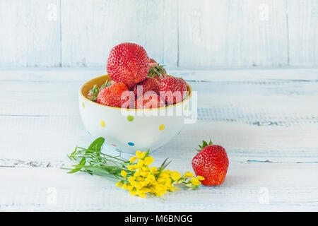 Erdbeeren rot, Reif liegt in eine weiße Tasse mit winzigen gelben Blumen auf blau Holz- Hintergrund. Kopieren Sie Platz. Ein horizontaler Rahmen. Stockfoto