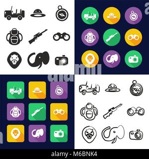 Safari in einem Symbole Schwarzweiß Farbe flaches Design Freehand eingestellt Stock Vektor