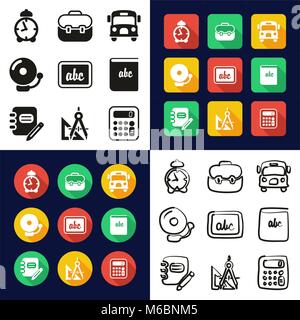 Schule Alle in einem Symbole Schwarzweiß Farbe flaches Design Freehand eingestellt Stock Vektor