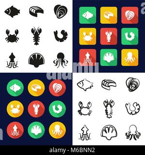 Fisch und Meeresfrüchte in einem Symbole Schwarzweiß Farbe flaches Design Freehand eingestellt Stock Vektor