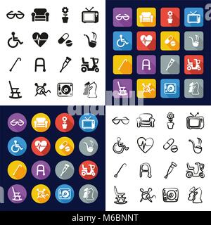 Ältere Leute alles in einem Symbole Schwarzweiß Farbe flaches Design Freehand eingestellt Stock Vektor