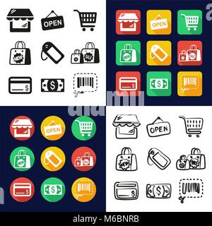 Shopping in einem Symbole Schwarzweiß Farbe flaches Design Freehand eingestellt Stock Vektor