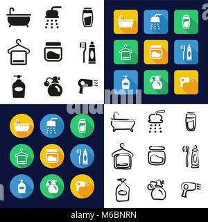 Dusche in einem Symbole Schwarzweiß Farbe flaches Design Freehand eingestellt Stock Vektor