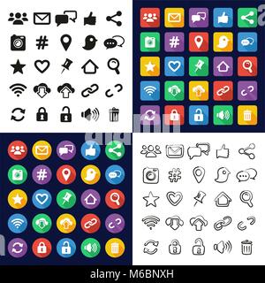 Social Media All-in-One Symbole Schwarzweiß Farbe flaches Design Freehand eingestellt Stock Vektor