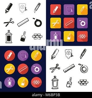 Schablone, die alle in einem Symbole Schwarzweiß Farbe flaches Design Freehand eingestellt Stock Vektor