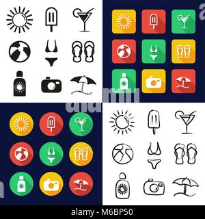 Sommer in einem Symbole Schwarzweiß Farbe flaches Design Freehand eingestellt Stock Vektor