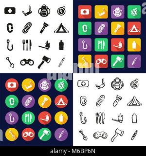 Survival Kit All in One Symbole Schwarzweiß Farbe flaches Design Freehand eingestellt Stock Vektor