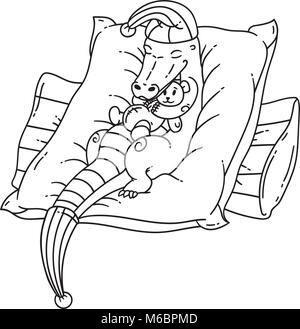 Niedlich grünen Krokodil schlief auf den Kissen mit Teddybär. Seite für Malbuch, Grußkarte, Drucken, t-shirt, Poster. Handgezeichneten Vektor illustr Stock Vektor