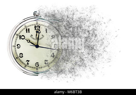 Die Zeit läuft Konzept zeigt, dass sie sich auflöst in kleine Teilchen. Stockfoto