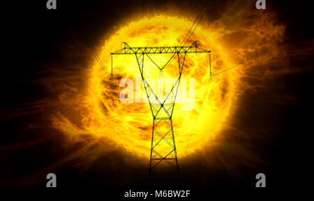 Konzept Abbildung von Energie aus der Sonne. Electric Power Tower auf Big Sun und Flammen im Hintergrund. Stockfoto