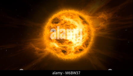 Solar Storm im Raum. Konzept der Hot orange und gelbe Sonne mit Energie Wolken mit Sterne im Hintergrund. Stockfoto