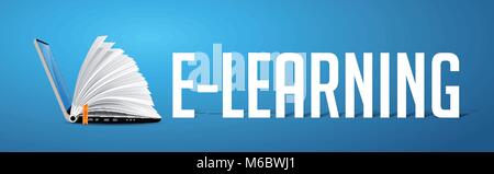 Elearning Konzept - Laptop als Buch auf dem blauen Banner mit Word E-LEARNING Stock Vektor