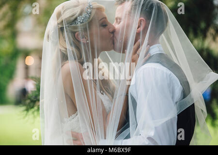 Frisch vermählte Paare sind in einem Kuss, unter der Bräute Schleier. Stockfoto