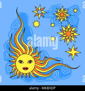 Fantasy Hand gezeichnet Sonne über Weiß. Vector Illustration Stock Vektor