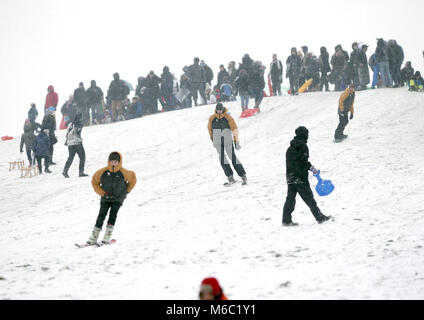 Menschen Skifahren bis Primrose Hill in London, als die schweren Wetterbedingungen andauern. Stockfoto