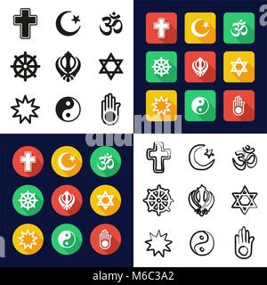 Religion in einem Symbole Schwarzweiß Farbe flaches Design Freehand eingestellt Stock Vektor