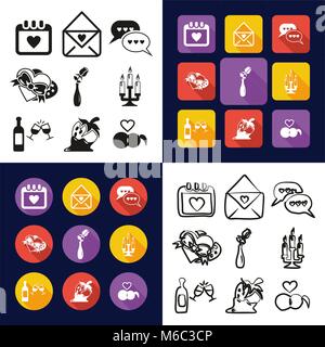 Romantisch in einem Symbole Schwarzweiß Farbe flaches Design Freehand eingestellt Stock Vektor