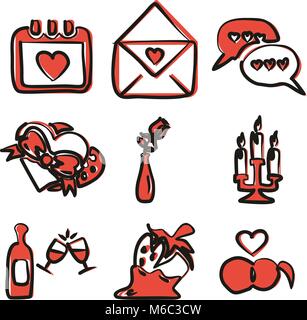 Romantische Symbole Freehand 2 Farbe Stock Vektor