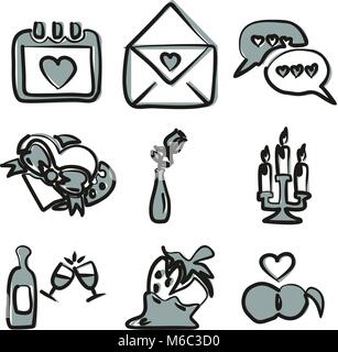 Romantische Symbole Freehand 2 Farbe Stock Vektor