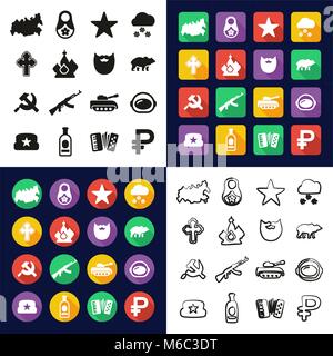 Russland Alle in einem Symbole Schwarzweiß Farbe flaches Design Freehand eingestellt Stock Vektor