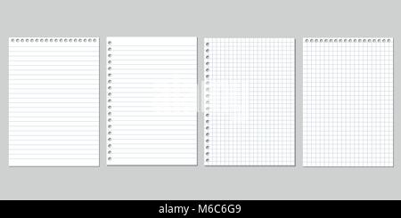 Satz von vier realistische Vector Illustration von leeren Bögen von Square und liniertem Papier aus einem Block auf einem grauen Hintergrund mit Schatten isoliert Stock Vektor