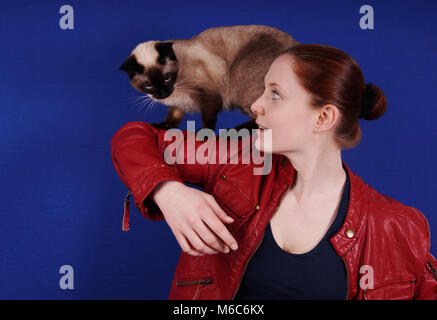 Junge Frau mit Katze auf dem Arm Stockfoto