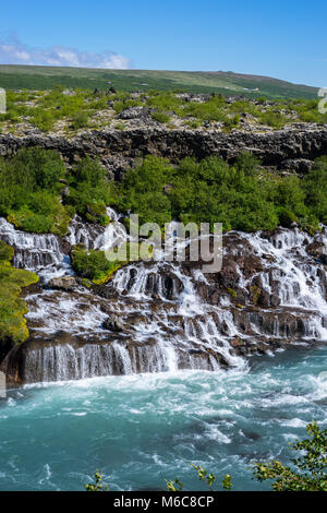 Federn aus unter Hallmundarhraun Lavafeld der Hraunfossar Wasserfälle und Kaskaden hinunter die Klippe in den Fluss Hvita Stockfoto